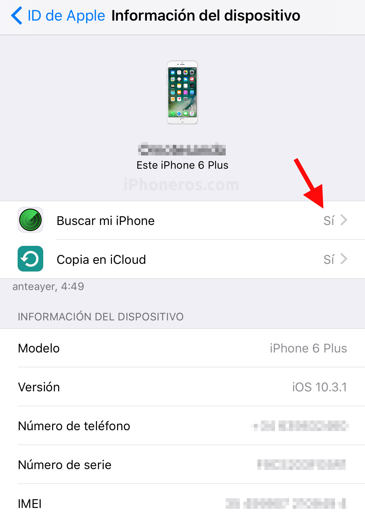 Opción de Buscar mi iPhone activada