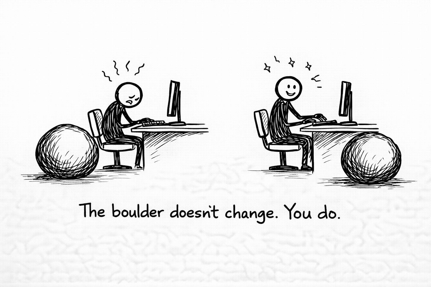 Whiteboard illustration showing two stick figures at identical computers with identical boulders. One looks defeated, the other engaged. Caption reads “The boulder doesn’t change. You do.” Whiteboard illustration showing two stick figures at identical computers with identical boulders. One looks defeated, the other engaged. Caption reads “The boulder doesn’t change. You do.”
