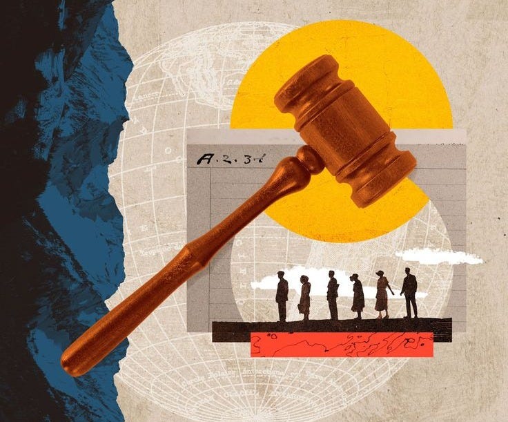 This may contain: a judge's gaven on top of a piece of paper next to silhouettes of people