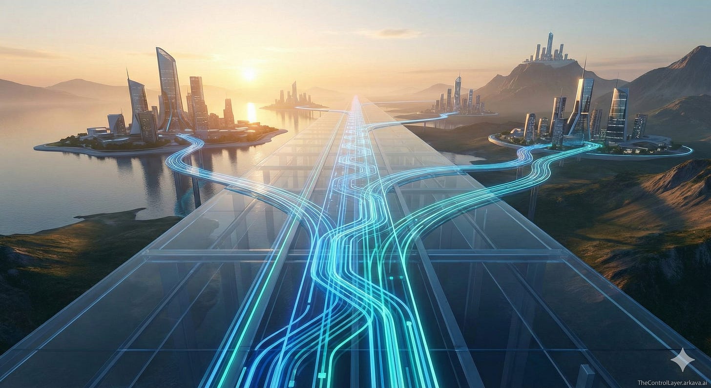 Glowing digital railway tracks branching across a futuristic landscape connecting multiple city nodes