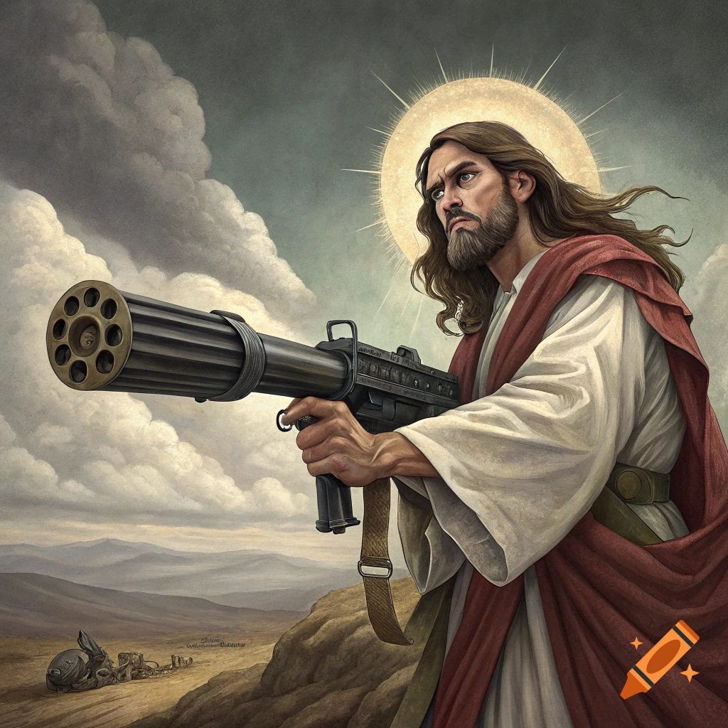 Illustration of Jesus Christ holding a Gatling gun in a rocky landscape  under a cloudy sky on Craiyon