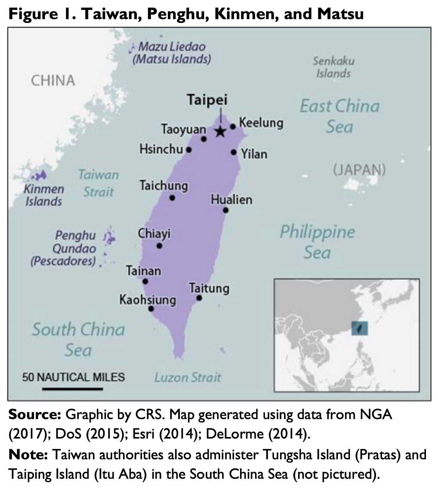 A map of Taiwan and its outlying island groups. The main island of Taiwan is shaded purple, with Taipei marked by a star near the northern tip and eleven other cities labeled down the island, including Taoyuan, Hsinchu, Taichung, Chiayi, Tainan, Kaohsiung, Taitung, Hualien, Yilan, and Keelung. The Kinmen Islands and Penghu Qundao (Pescadores) sit in the Taiwan Strait between Taiwan and mainland China, and the Mazu Liedao (Matsu Islands) lie off the Chinese coast to the north. Surrounding waters are labeled: East China Sea, Philippine Sea, South China Sea, Taiwan Strait, and Luzon Strait. An inset at lower right shows Taiwan’s position within East Asia. A scale bar reads 50 nautical miles.