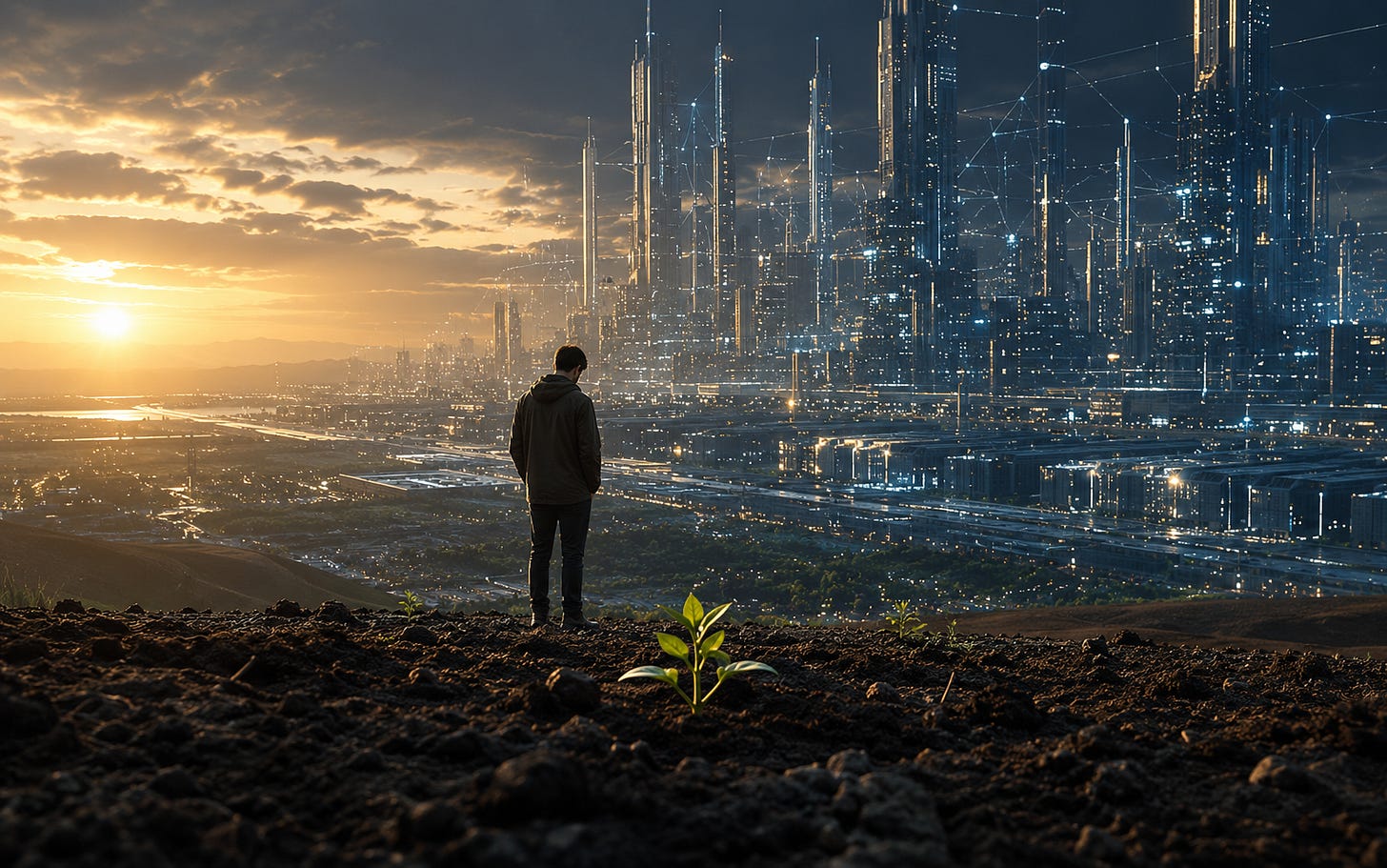 A solitary human figure stands on dark soil beside a young green shoot, facing a vast futuristic city illuminated by digital networks and the setting sun. A solitary human figure stands on dark soil beside a young green shoot, facing a vast futuristic city illuminated by digital networks and the setting sun.