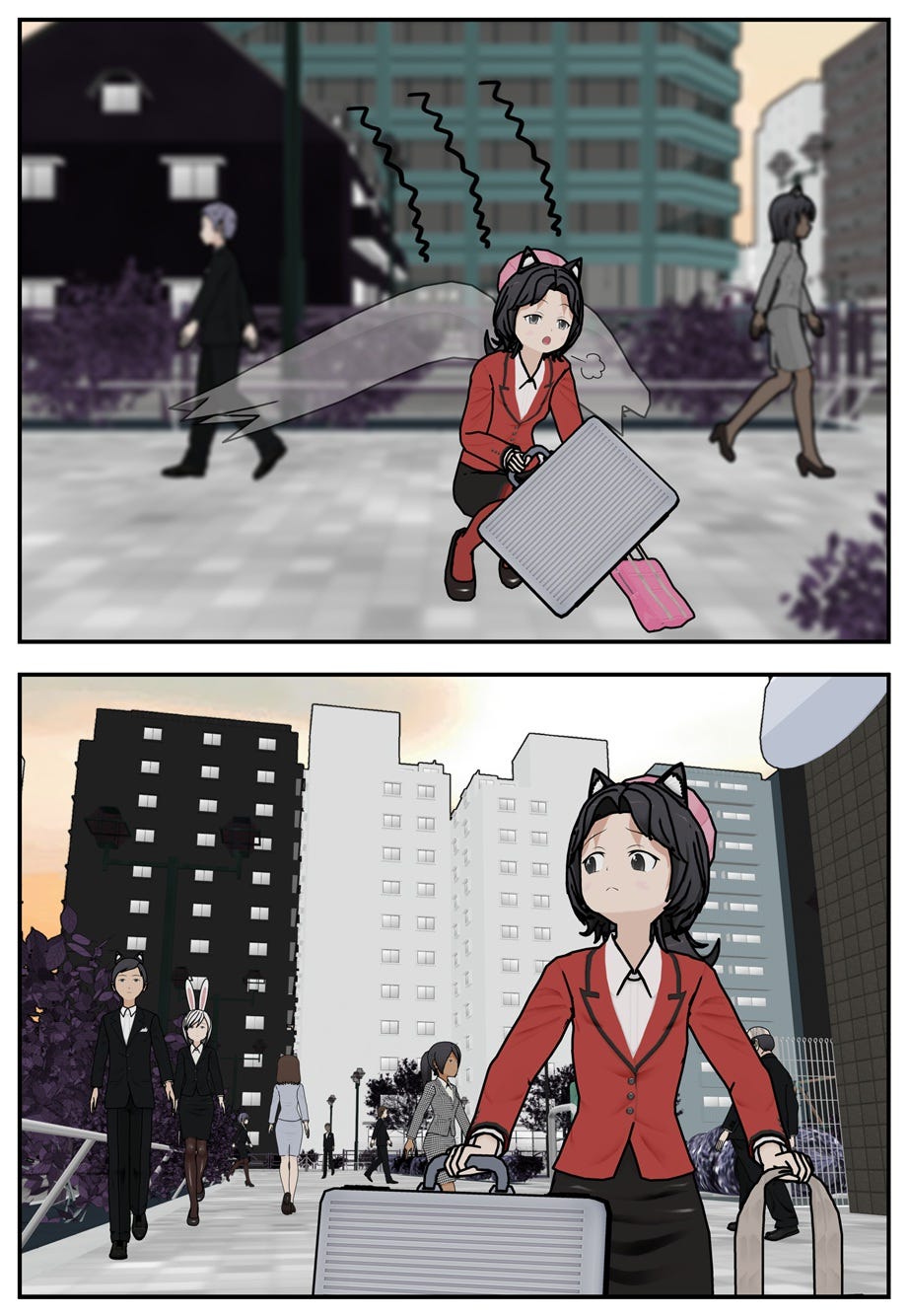 Rae's power fades, and she lands in the gray city, looking apprehensive.