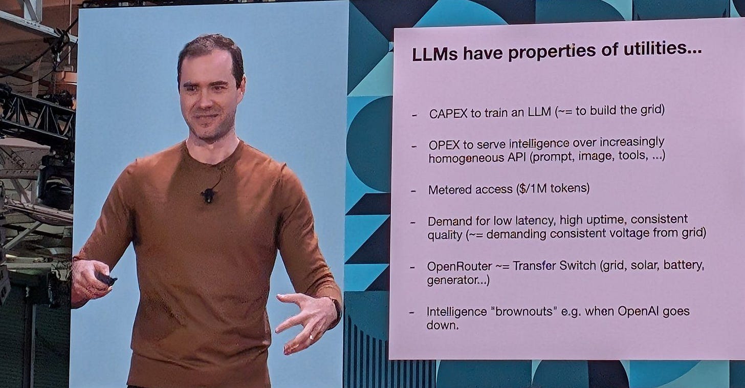 LLMs behave more like infrastructure than products Andrej Karpathy YC AI Startup School
