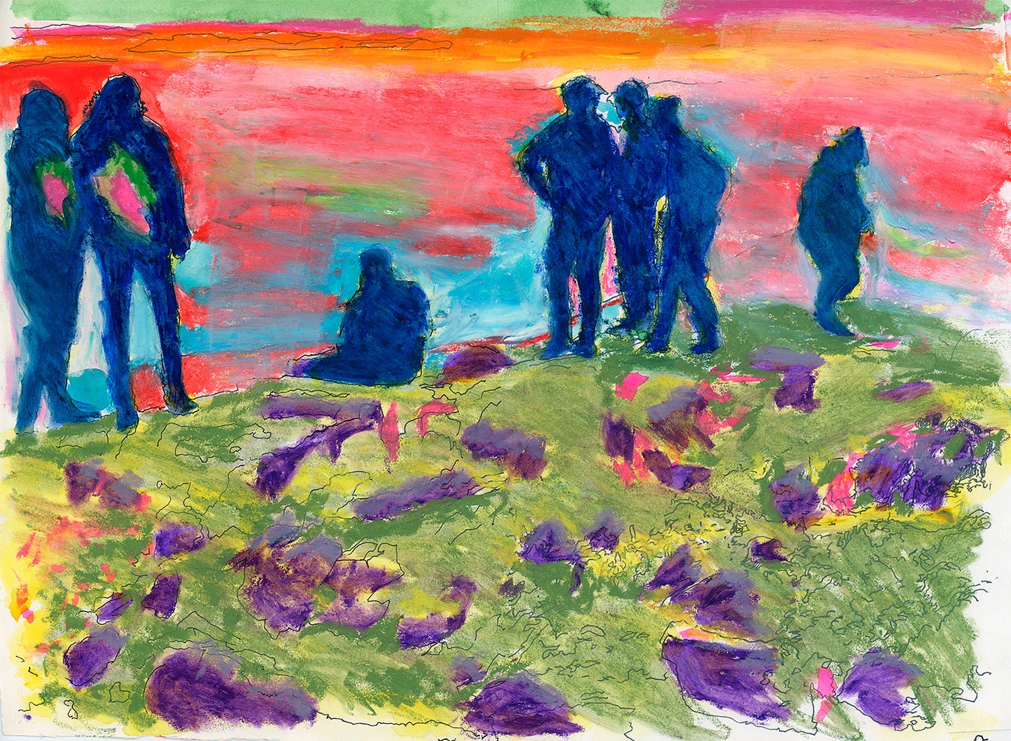 Mixed media painting of 7 silhouetted figures on an olive-green and purple hillside facing a colorrful sky