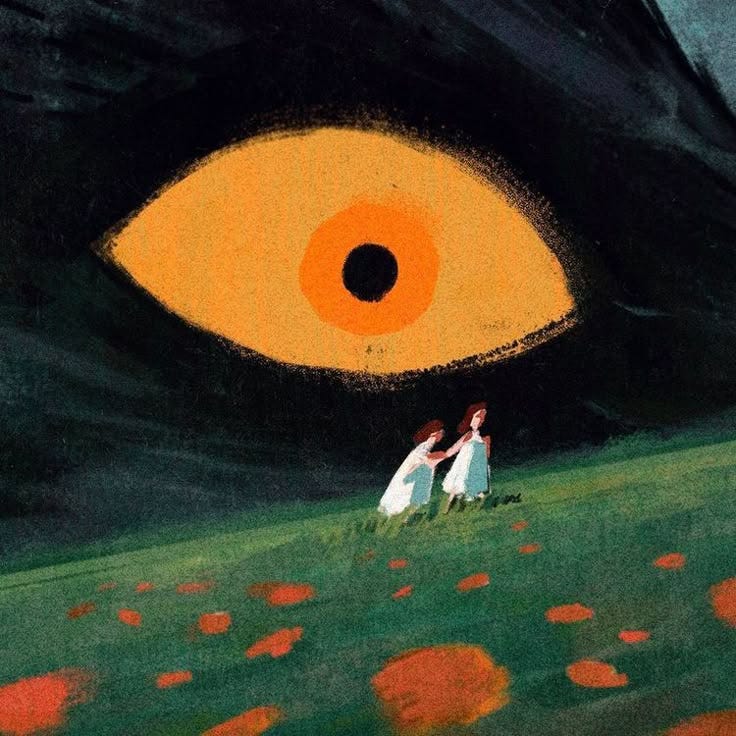 This may contain: an image of two people standing in front of a large orange eye on the side of a hill