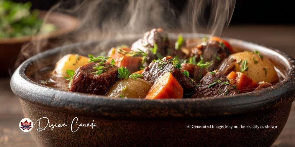 A steaming bowl of hearty bison stew with vegetables.