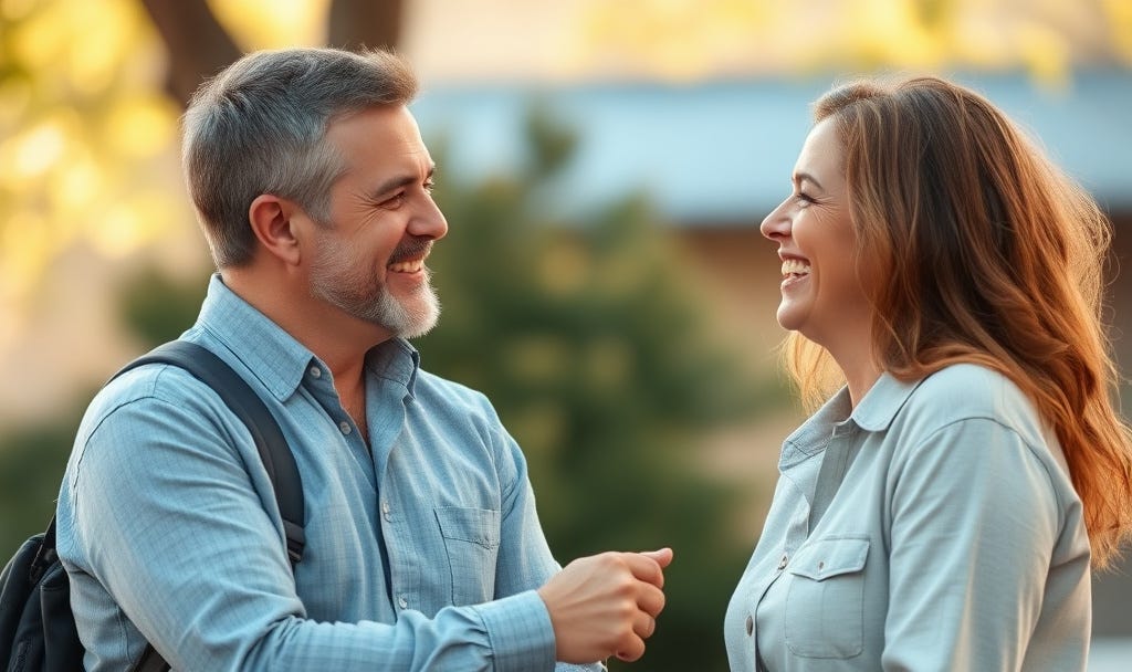 A smiling couple making eye contact outdoors, representing love and emotional connection. A smiling couple making eye contact outdoors, representing love and emotional connection.