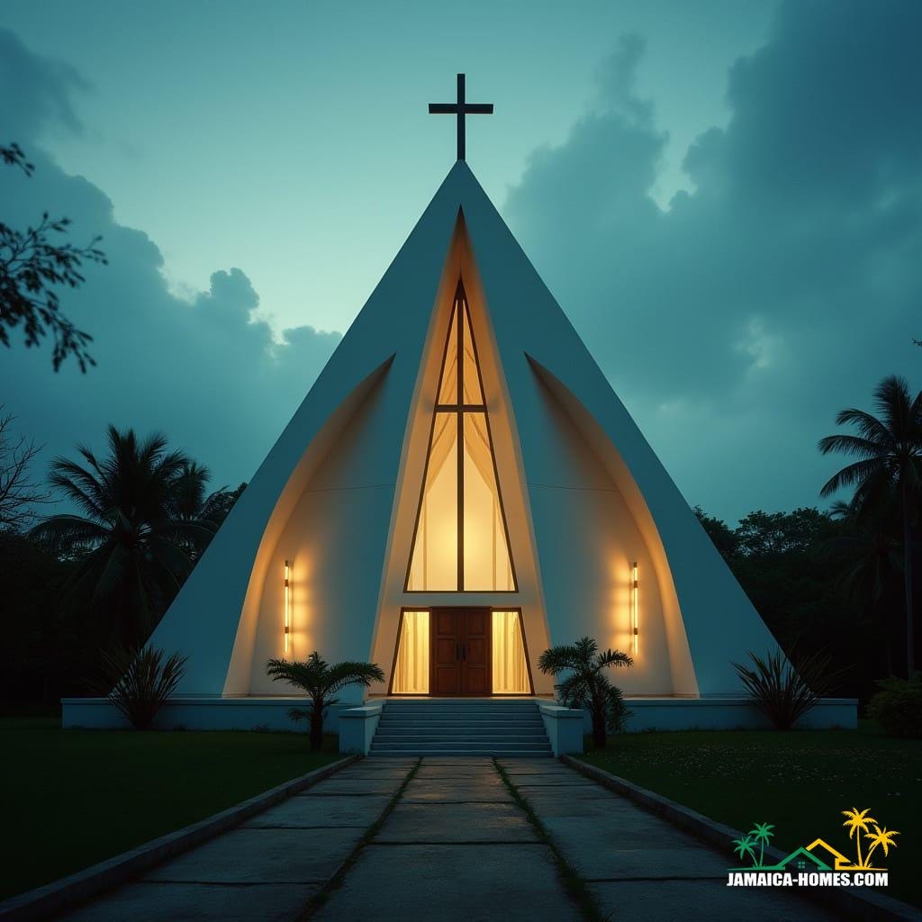 A modern church building in Jamaica, Caribbean, architecturally sculpted into the distinct shape of a Christian cross.