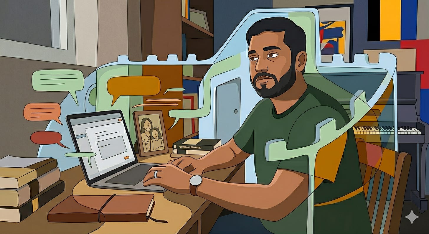 An abstract cartoon illustration of a South Asian man with a beard sitting at a desk and typing on a laptop, surrounded by speech bubbles, books, and a miniature fortress, with a piano in the background.