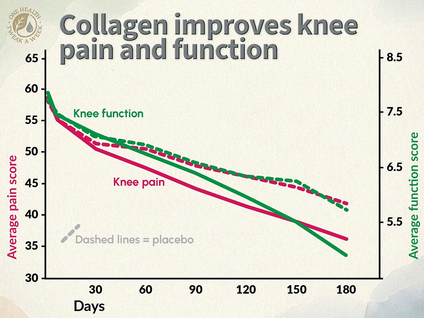 A graph showing how undenatured type II collagen improves pain and joint function in people with osteoarthritis of the knee.