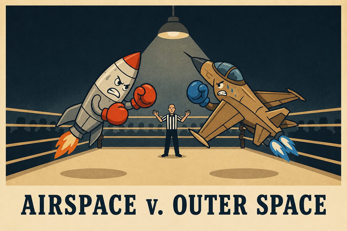 A cartoon boxing ring: a scowling rocket in red gloves squares off against a sweating fighter jet in blue gloves, a referee holding them apart. Caption: Airspace v. Outer Space.