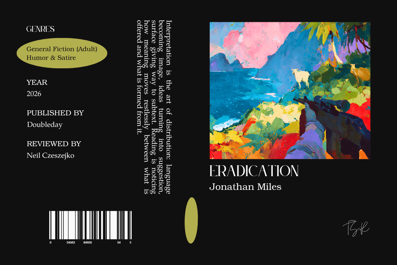 Editorial graphic featuring a stylized book jacket for "Eradication" by Jonathan Miles. The layout depicts a sniper rifle aimed at a white goat on a tropical hillside overlooking the sea. Metadata columns on the left list the genres General Fiction (Adult) and Humor & Satire, the publisher Doubleday, and reviewer Neil Czeszejko. All set against a black composition with a column of text about the art of interpretation and a barcode at the bottom. Part of the Literary Review series at The Subtext Review.