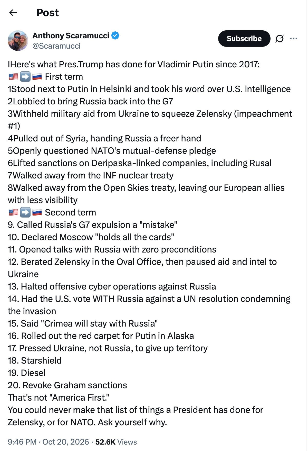Screenshot of Anthony Scaramucci’s Oct. 20 post on X Screenshot of Anthony Scaramucci’s Oct. 20 post on X