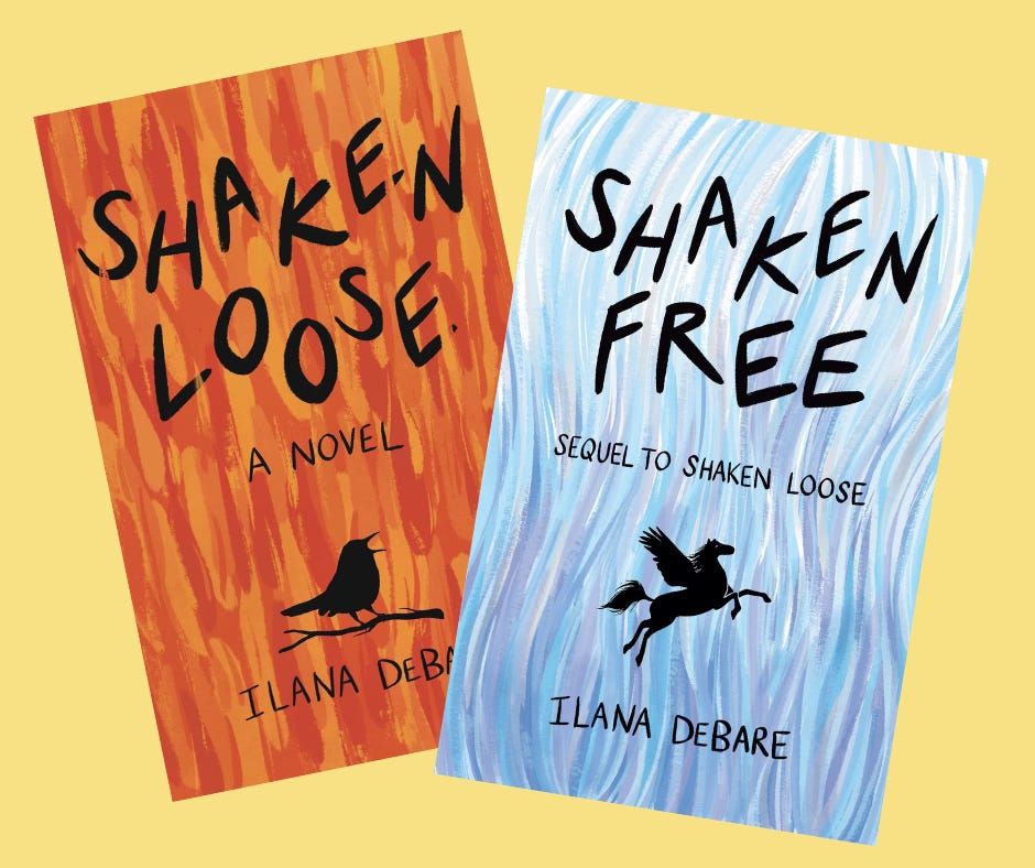 Two book covers - orange Shaken Loose and blue Shaken Free