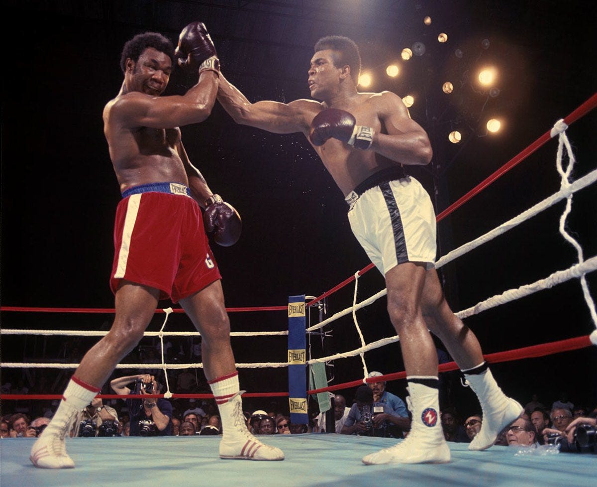 Philippe Marlière on X: "George Foreman dies aged 76. The George Foreman  vs. Muhammad Ali fight “Rumble in The Jungle” in Kinshasa on 30 October  1974 is considered the greatest fight in