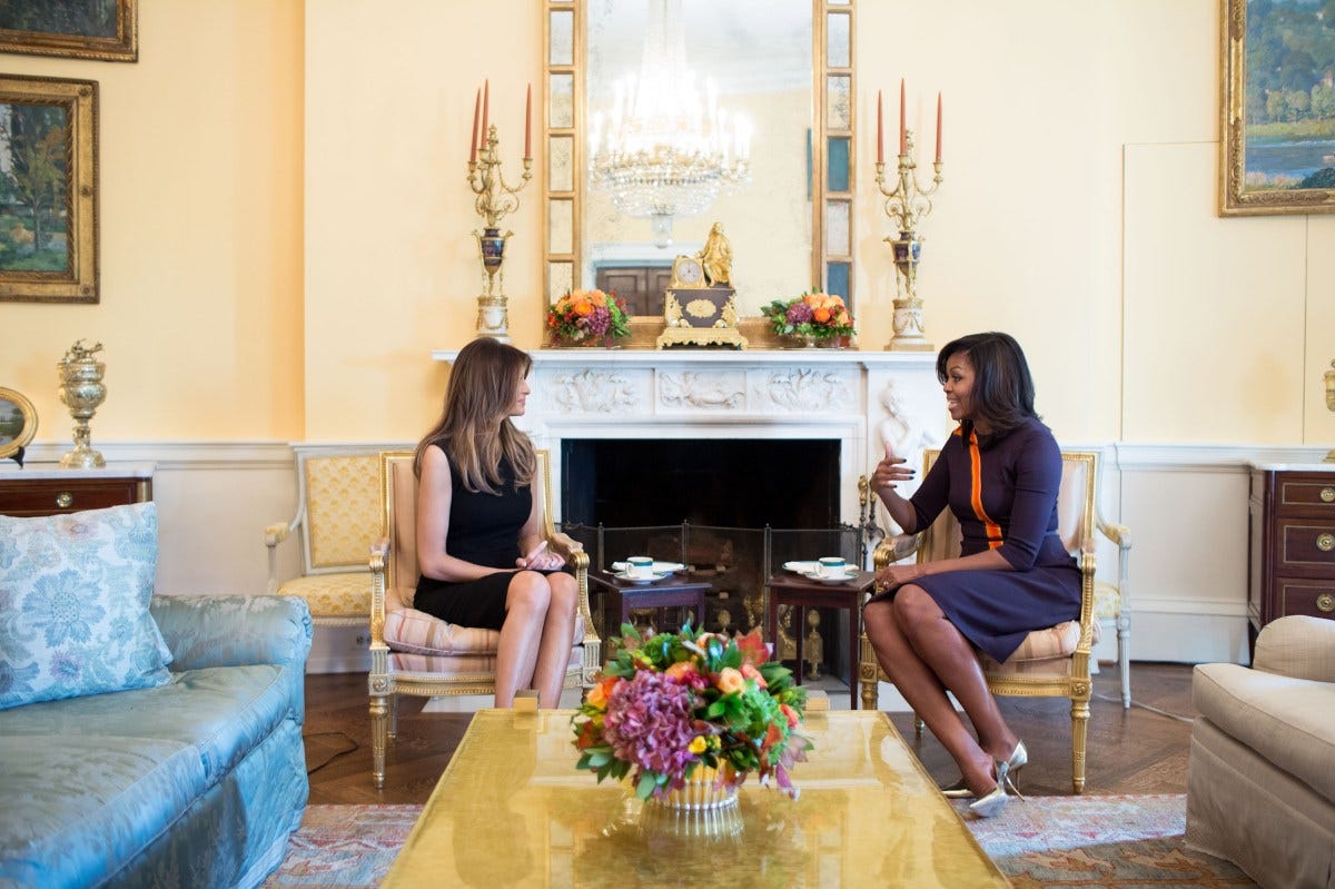 First Lady Michelle Obama meets with Melania Trump for tea in the Yellow Oval Room of the White House, November 10, 2016. First Lady Michelle Obama meets with Melania Trump for tea in the Yellow Oval Room of the White House, November 10, 2016.