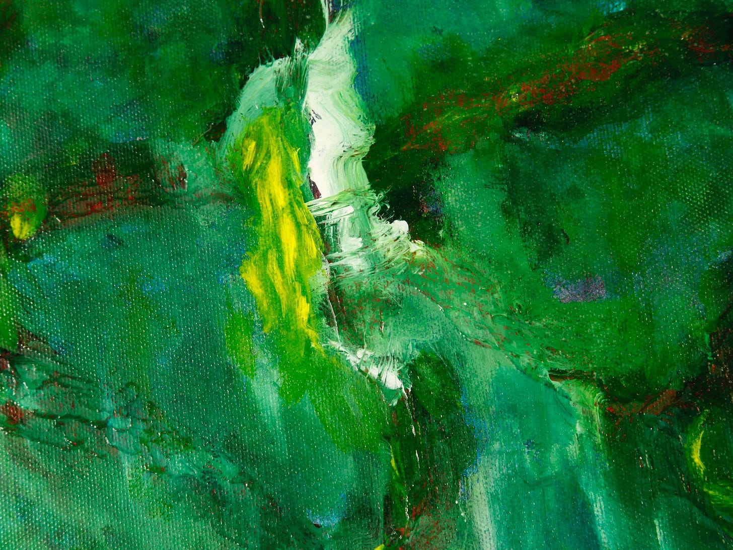 Green and white oil paint on a canvas, creating the illusion of a wall of greenery. Green and white oil paint on a canvas, creating the illusion of a wall of greenery.