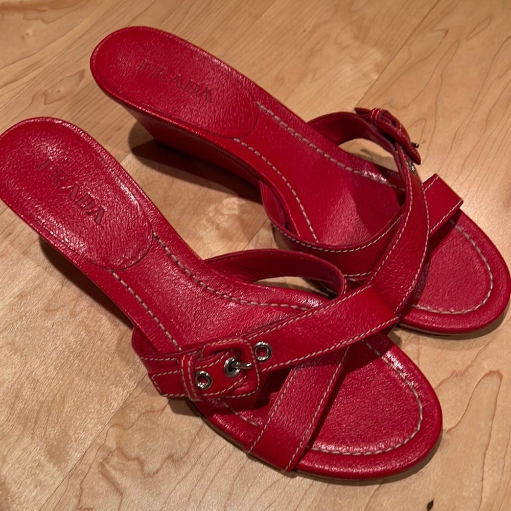 Prada red all leather wedge sandals with buckle detail 39.5 - Picture 1 of 5