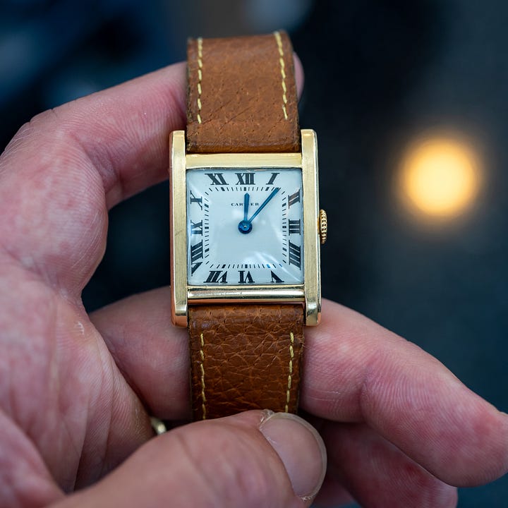 Kevin's large Cartier Paris Tank Normale and Charlie's Air-King 5504 with waffle dial