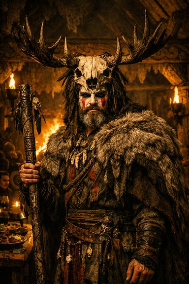Oroles in full ritual garb for the Night of Clear Skies, towering mountain chieftain wearing a gleaming wolf‑fur mantle and an elk‑skull headdress casting jagged shadows, white‑and‑crimson war‑priest face paint, rune‑carved staff held in hand, firelit Soldav longhouse behind him, atmosphere of ancient mountain ritual and Barovian Gothic grandeur