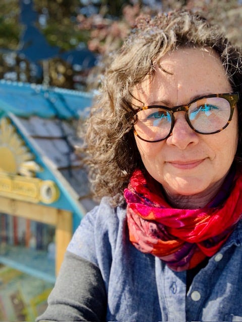 Two photos, one of a small metal box that says First Aid poems, and a second of Ami MCKay in front of her Little Free Library