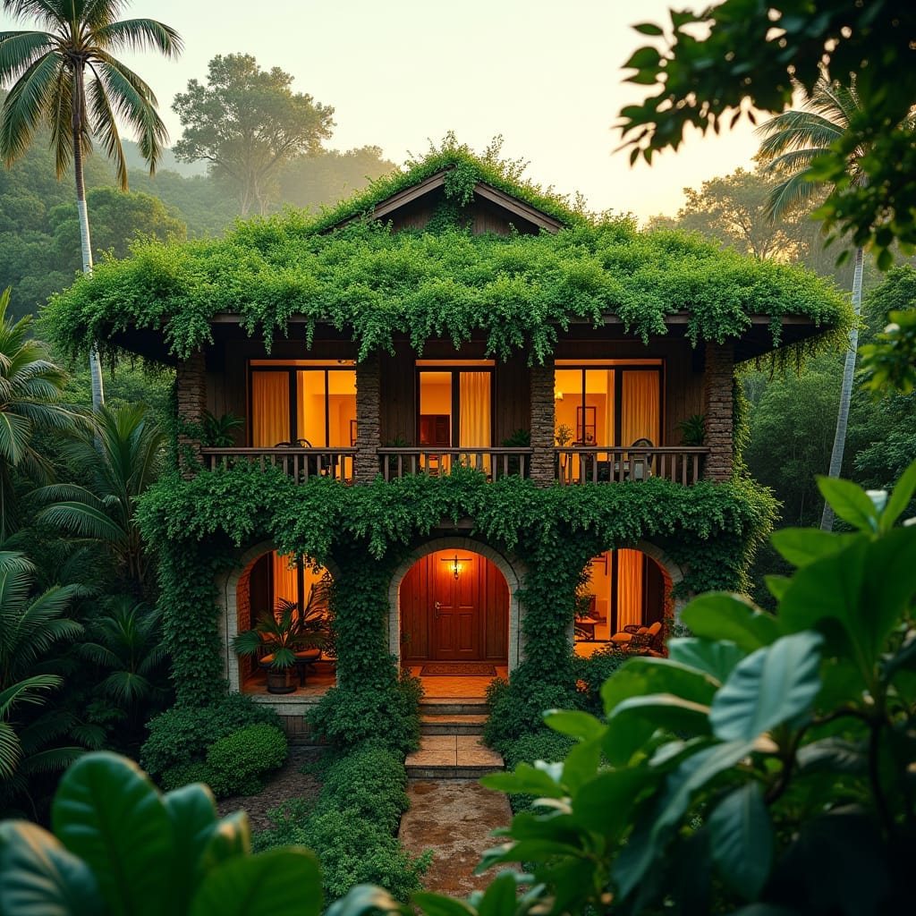 Lush Jamaican villa with expansive green roof garden, verdant foliage and vibrant tropical plants spilling over the edges