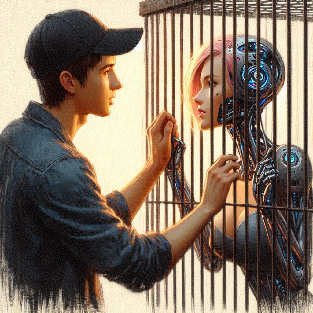 A young man wearing a black baseball hat stands outside a cage containing a pretty female cyborg and pries open one of the bars so she can escape from it. Slight impressionist style. A young man wearing a black baseball hat stands outside a cage containing a pretty female cyborg and pries open one of the bars so she can escape from it. Slight impressionist style.