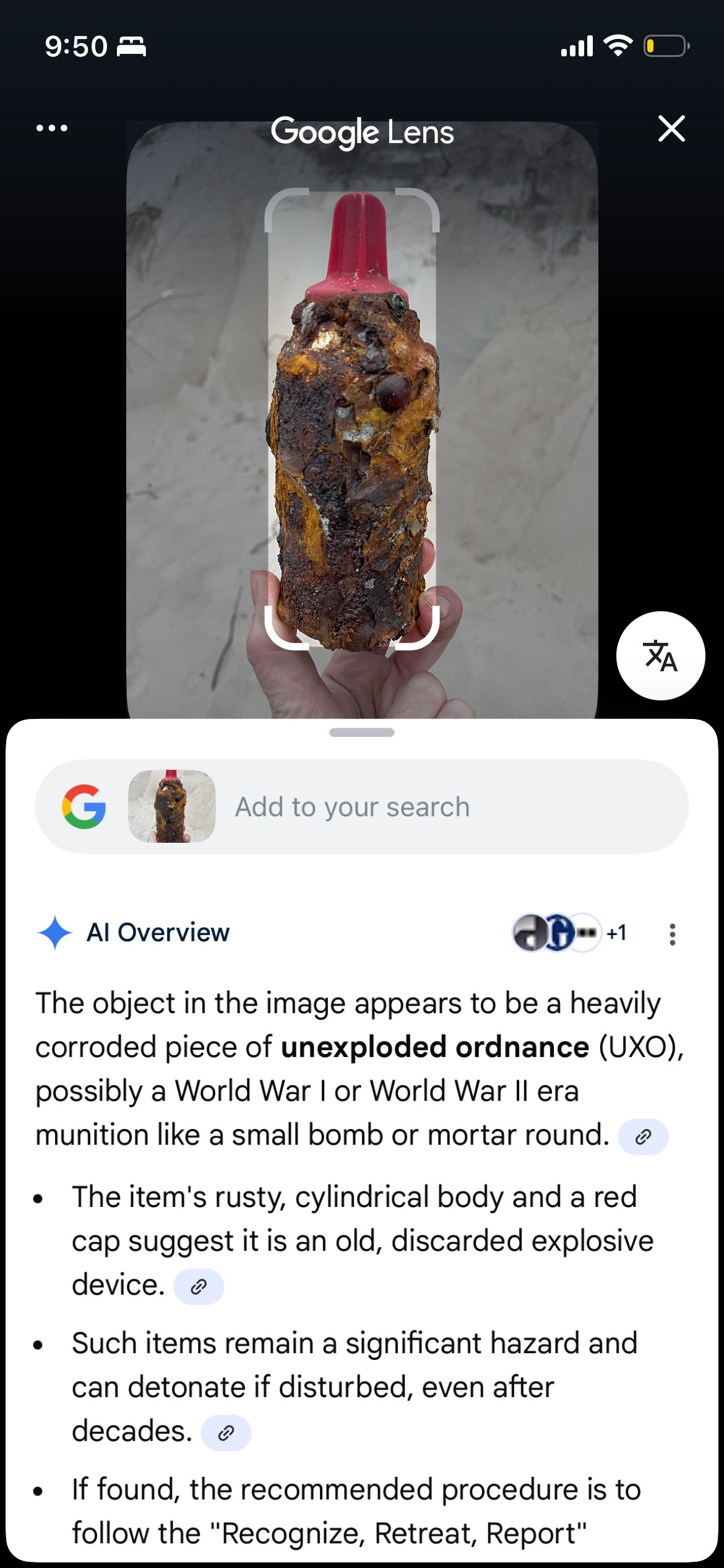 Google search The Object appears to be an unexploded ordnance