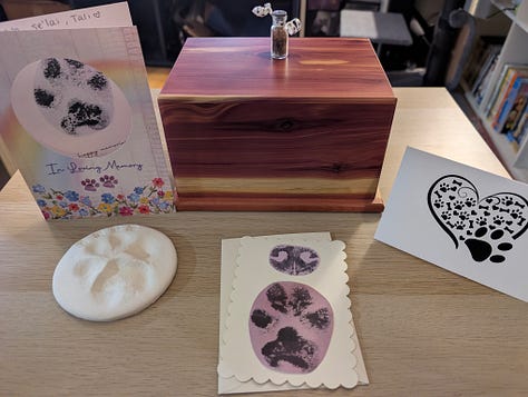 A memorial for Tali, with her ashes, portrait, flowers, and cards, paw prints, and other mementos.