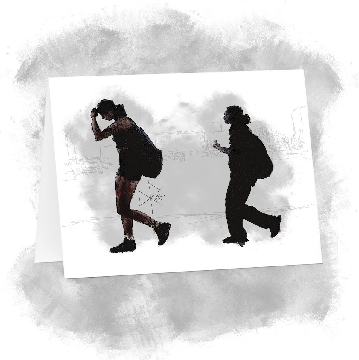 Two people walk through a blazingly sunny parking lot. Sketch art by Don Rice.