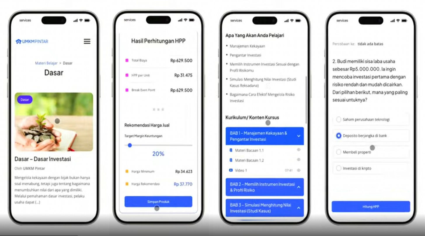 Women MSME owners participating in the UMKM Pintar launch event in Jakarta, with financial training booths and digital learning materials displayed.