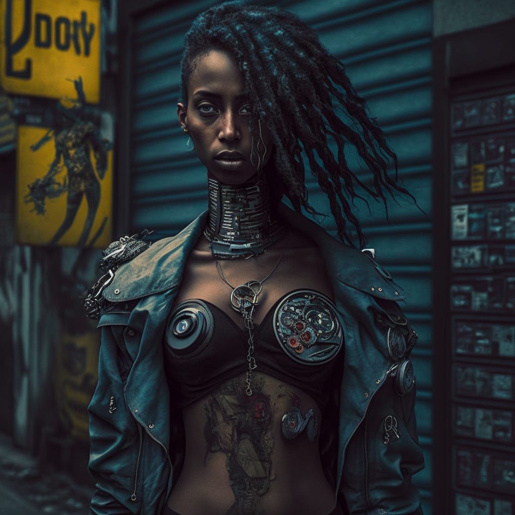 transbeing with very dark skin and female form in the street of neo-Istanbul, cyberpunk style, photorealistic transbeing with very dark skin and female form in the street of neo-Istanbul, cyberpunk style, photorealistic