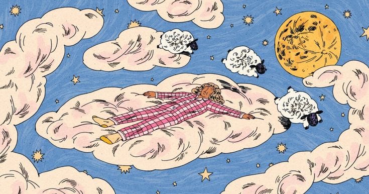 This may contain: a drawing of a man laying on top of clouds with sheep in the sky behind him