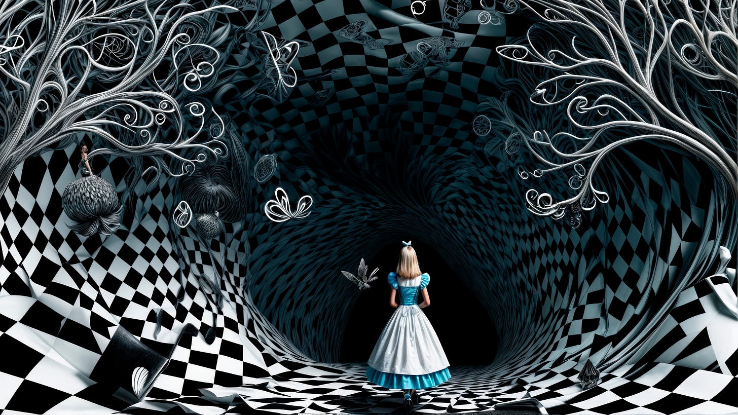 Stylized illustration inspired by Alice in Wonderland, showing Alice standing at the entrance of a surreal tunnel-like landscape with swirling black-and-white patterns and twisting trees.