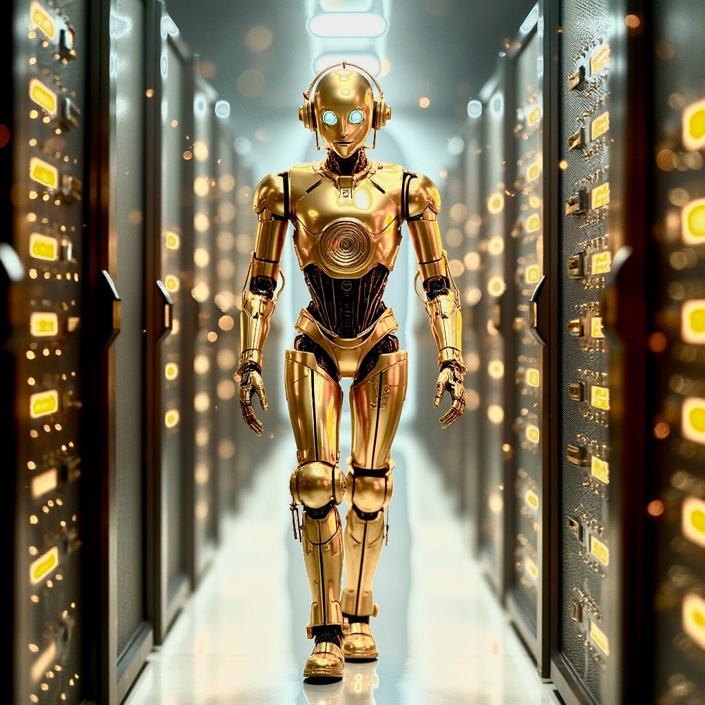 A robot walking in a hallway of servers

Description automatically generated