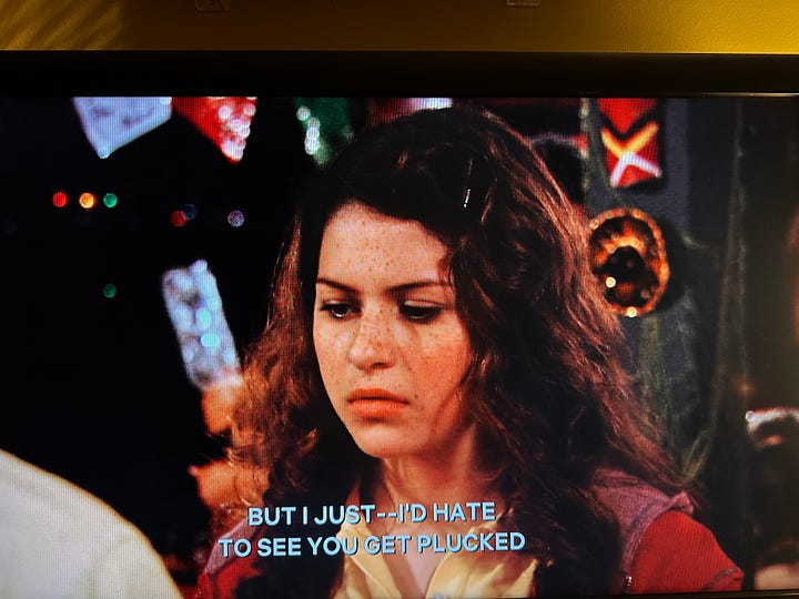two images of a young women looking sad with the captions "You're like this flower and I know it's springtime but I just, I'd hate to see you get plucked."