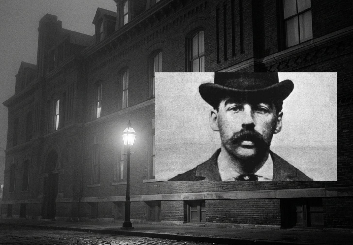 H.H Holmes on a Chicago hotel background. H.H Holmes on a Chicago hotel background.