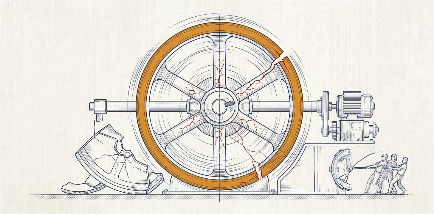 Precision technical illustration in slate blue on off-white linen: a massive spoked flywheel spins on a horizontal shaft at the center, its rim picked out in amber-gold and ringed with fine motion-blur arcs to convey dangerous overspeed. Red fracture lines radiate from the hub out through the spokes, and one rim segment at upper right has begun to shear away along a widening crack. A buckled safety guard lies torn off at lower left, a small drive unit turns the shaft at right, and three tiny slate-blue figures haul uselessly on a brake lever — the wheel is tearing itself apart and nothing is slowing it.