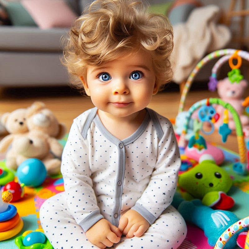 A picture of a baby with blue eyes surrounded by toys.