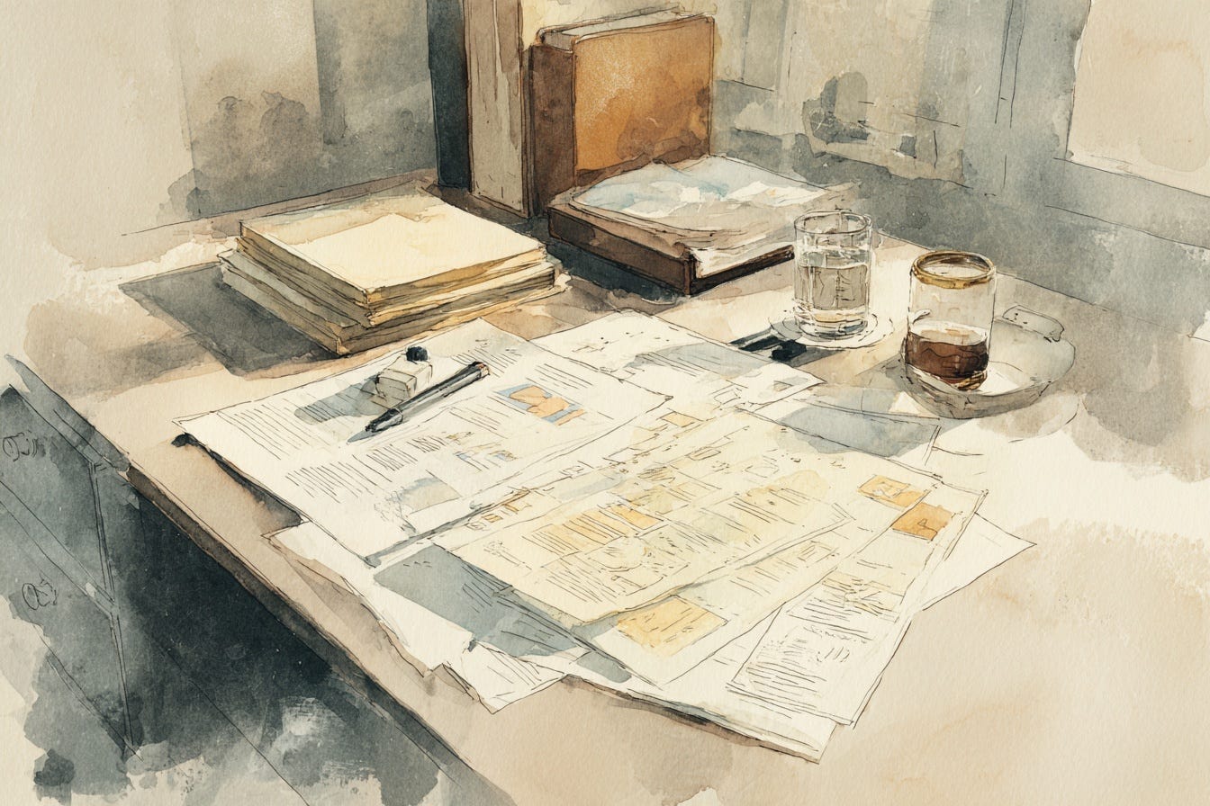 watercolor illustration of internal corporate report with neutral desk scene and capsule device