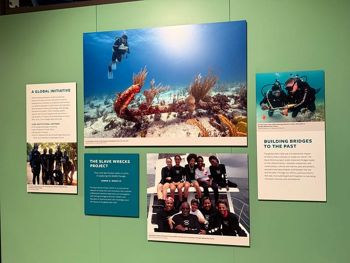 Pictures from a 2025 summer visit to the National Museum of African American History. It includes photos from exhibitions including Mahalia Jackson, the building itself and a book for sale titled "Reckoning" with an artful image of Harriet Tubman. Always work to educate and share the truth.