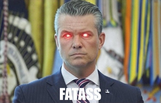 Pete Hegseth wearing a dark suit, white shirt, and red striped tie, standing in front of colorful banners and flags. His eyes are digitally altered to glow red. The word "FATASS" is overlaid in large white text at the bottom. Pete Hegseth wearing a dark suit, white shirt, and red striped tie, standing in front of colorful banners and flags. His eyes are digitally altered to glow red. The word "FATASS" is overlaid in large white text at the bottom.