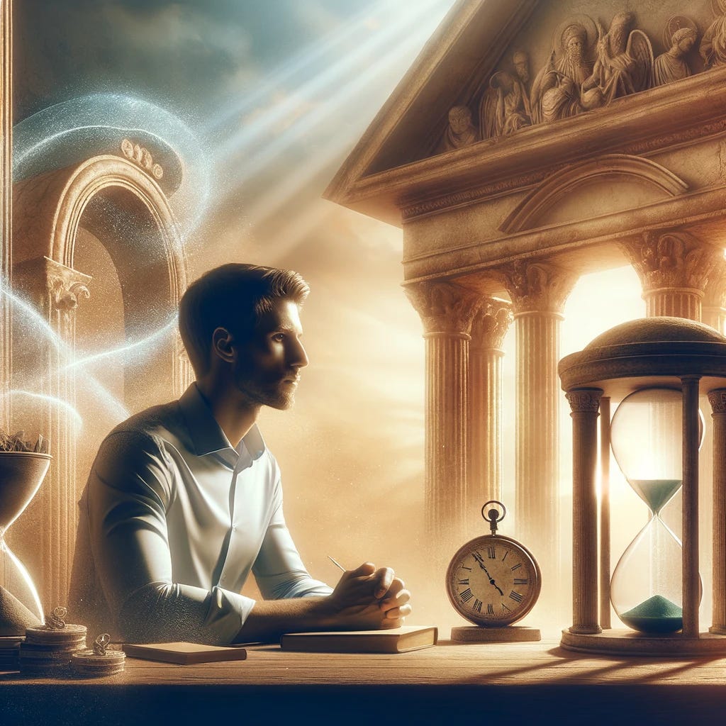 A serene and thoughtful individual sitting at a desk, surrounded by ancient Roman architecture and symbols of time like an hourglass and a sundial, embodying the concept of stoicism and the importance of acting quickly. The setting is peaceful yet conveys a sense of urgency and reflection, with soft, warm lighting highlighting the thoughtful expression of the individual. This image represents the philosophy of stoicism and the theme of seizing the moment and living life fully.