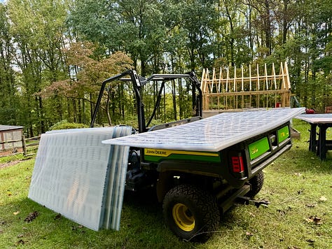 Mosaic of images showing polycarbonate panels being added to a greenhouse.
