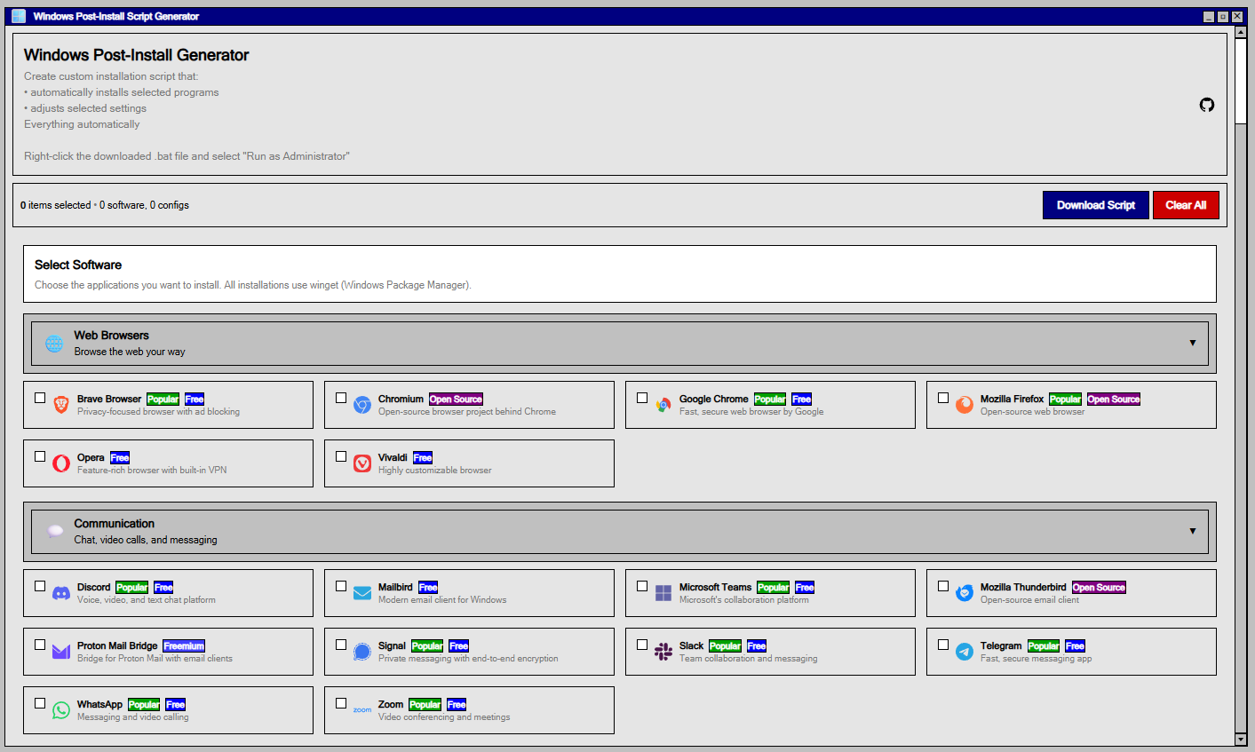 A screenshot of the Windows Post-Install Script Generator interface, showing selectable software categories like web browsers and communication tools.