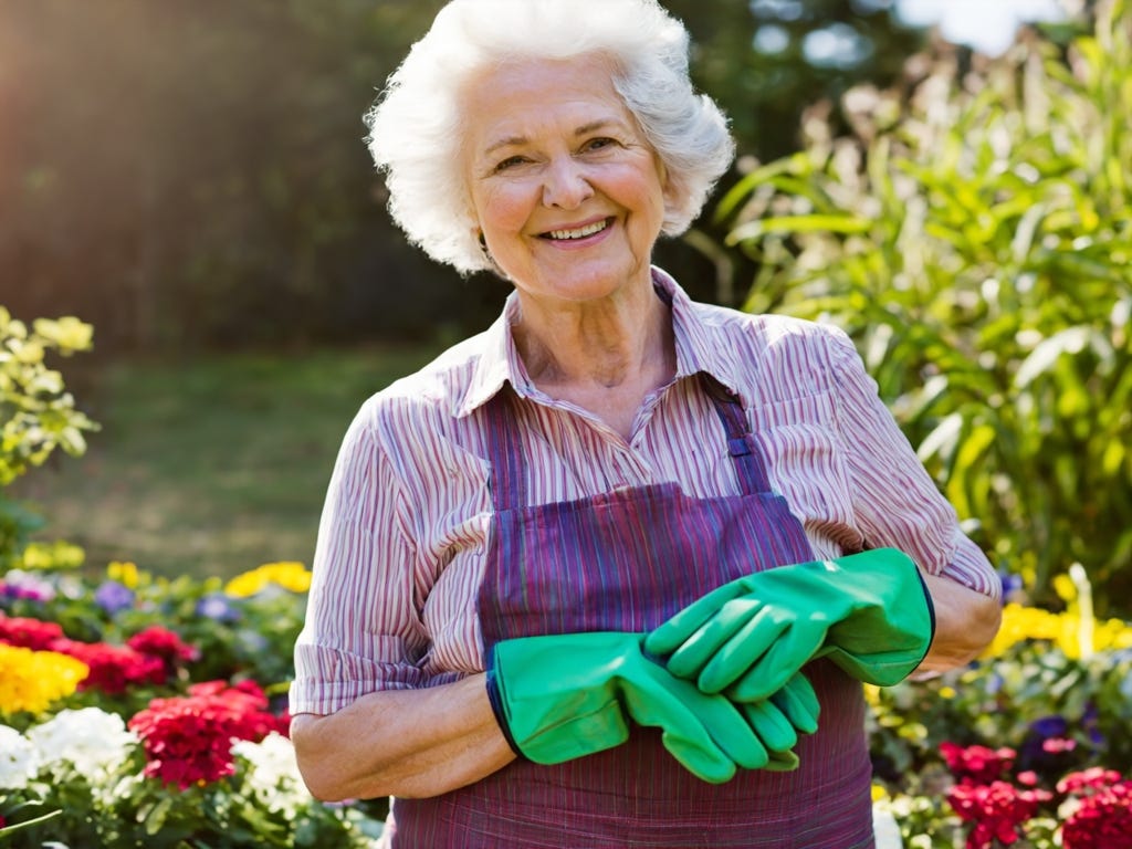 83-year-old white woman with gray hair smiles as she stands in a garden of greenery and colorful flowers. She wears a blue coverall and green gardening gloves. 