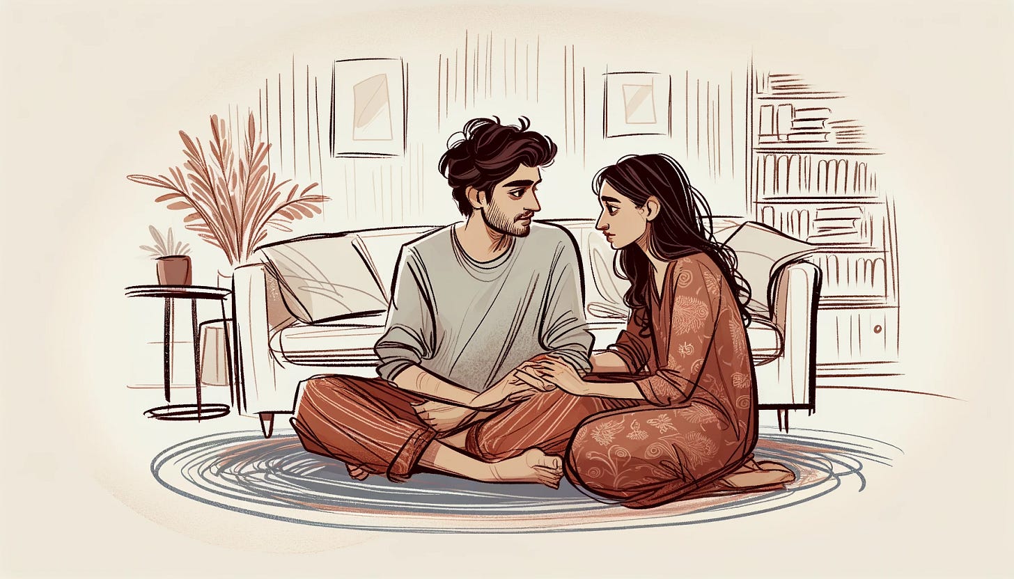 A landscape-oriented illustration in a flowy, sketch-like art style with soft lines and muted colors, showing Vaibhav and Meera indoors. They both have ambiguous ethnic features. They are seated close to each other, with open body language and vulnerable expressions, sharing a deeply emotional moment. Their surroundings should include indoor elements like a couch, a coffee table, and perhaps a bookshelf, creating a personal and intimate environment.