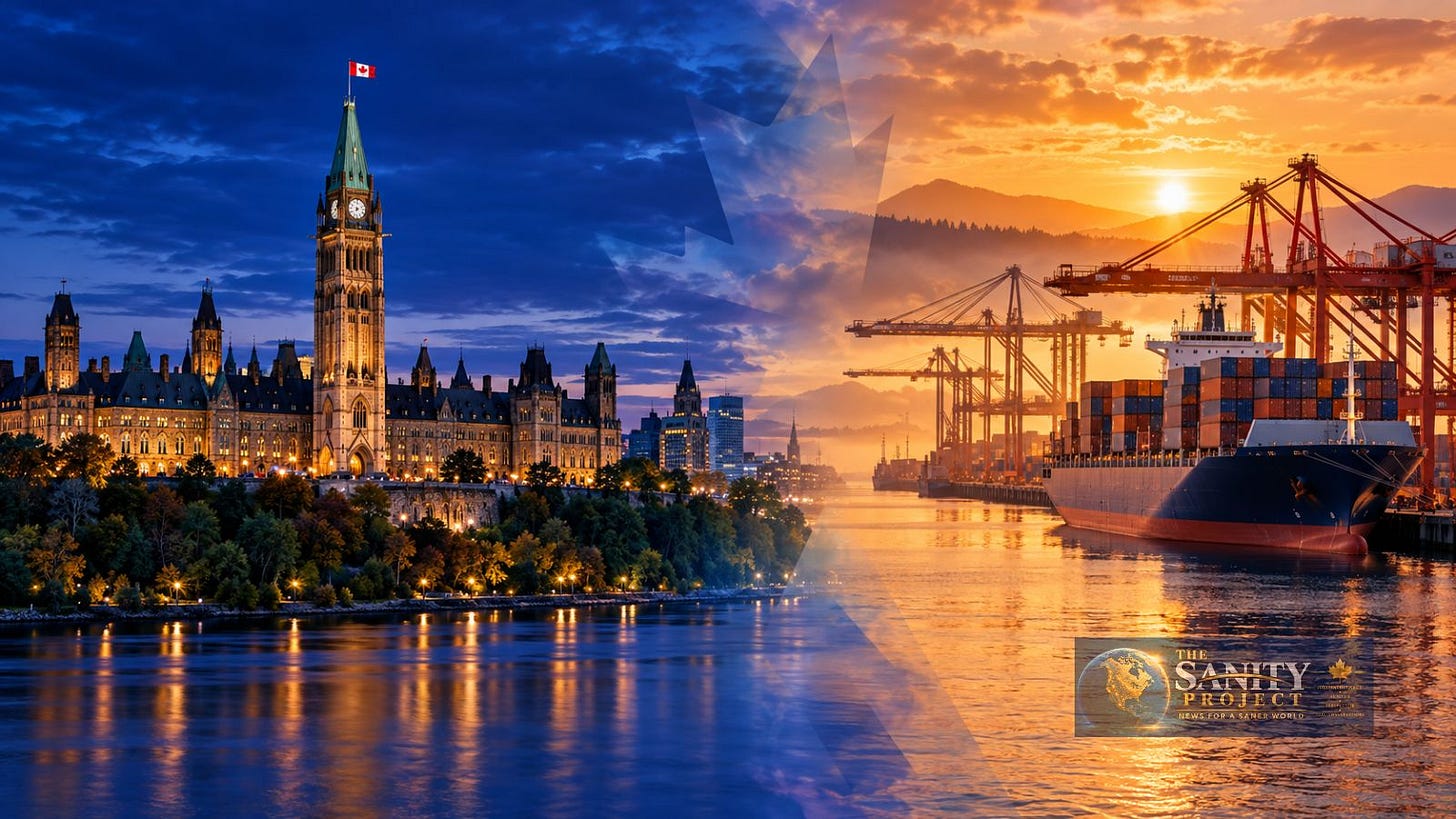 Conceptual image of Parliament Hill and a container port illustrating Mark Carney’s mandate, Canadian trade diversification and Parliament’s role in international agreements. Conceptual image of Parliament Hill and a container port illustrating Mark Carney’s mandate, Canadian trade diversification and Parliament’s role in international agreements.